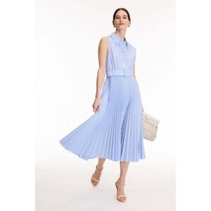 LK Bennett Hally Blue White Striped Pleated Sleeveless Midi Shirtdress Size 8